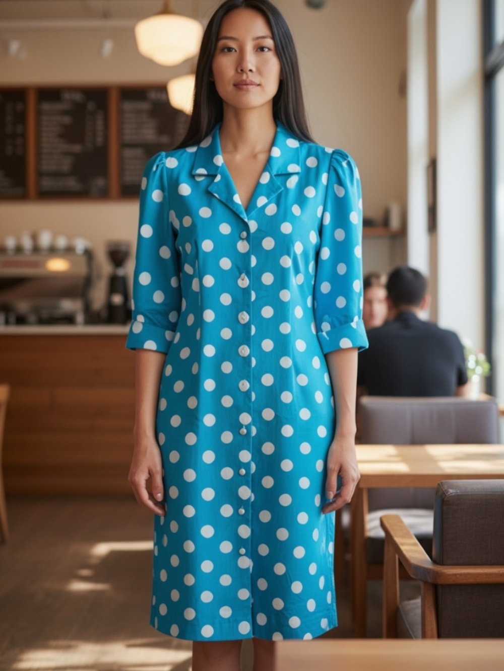 Vintage Caron Womens Blue White Polka Dot Button Front Shirt Dress